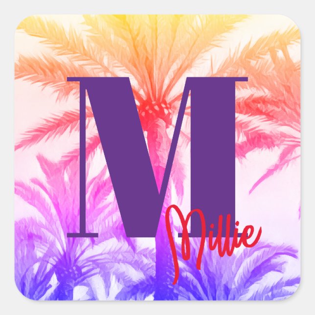 Sommerurlaub tropische Palmen Retro 80er Jahre Quadratischer Aufkleber (Vorderseite)