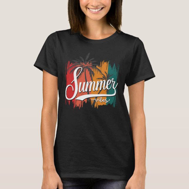 Sommervibes Retro Sonnenuntergang und Palmen Bäume T-Shirt (Vorderseite)