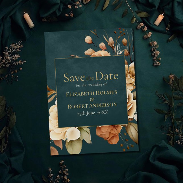 Sommerwald-Hexen-Teal Save-the-Date Save The Date (Summer Forest Witch Teal Save the Date on a teal witchy wedding table with dry botanicals)