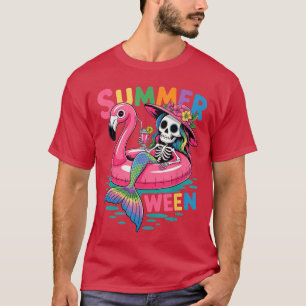 Sommerween Meerjungfrau Skelett Strand Flamingo Ha T-Shirt