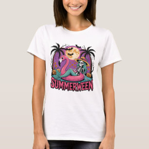 Sommerween Skelett Sommer Halloween Flamingo Frau T-Shirt