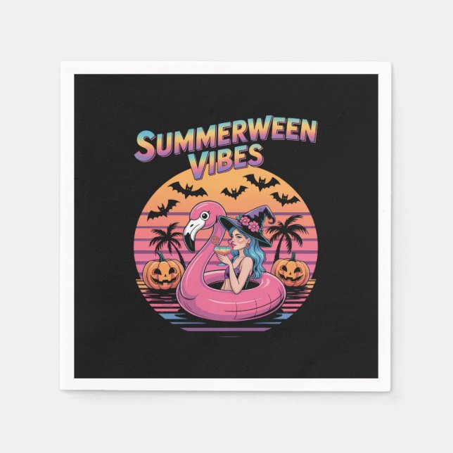 Sommerween Stimmung Hexe Flamingo Serviette (Vorderseite)
