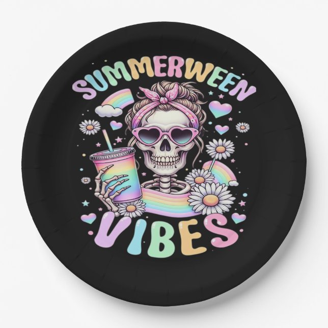 Sommerween Stimmung Süße Skelett Mädchen Sommer Ha Pappteller (Vorderseite)