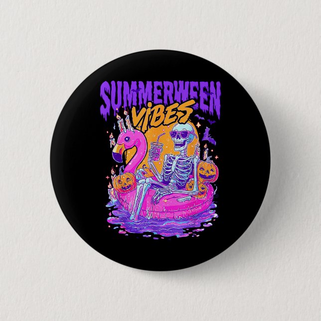Sommerween-Vibes Gruseliger Skelett-Flamingo-Pool- Button (Vorderseite)