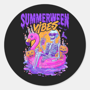 Sommerween-Vibes Gruseliger Skelett-Flamingo-Pool- Runder Aufkleber