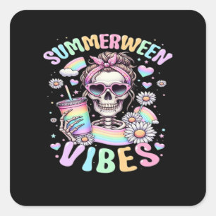 Sommerween-Vibes Süße Skelett-Mädchen Sommer-Hallo Quadratischer Aufkleber