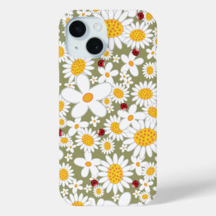 Sommerweiße Daisien und rote Ladybugs auf Brown iPhone 15 Hülle