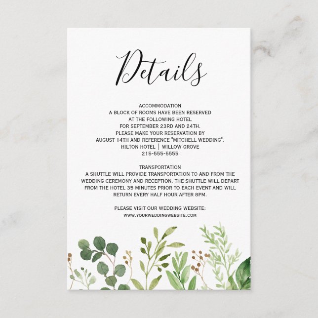 Sommerwiese Blätter Wasserfarbe Hochzeitdetails Begleitkarte (Vorderseite)