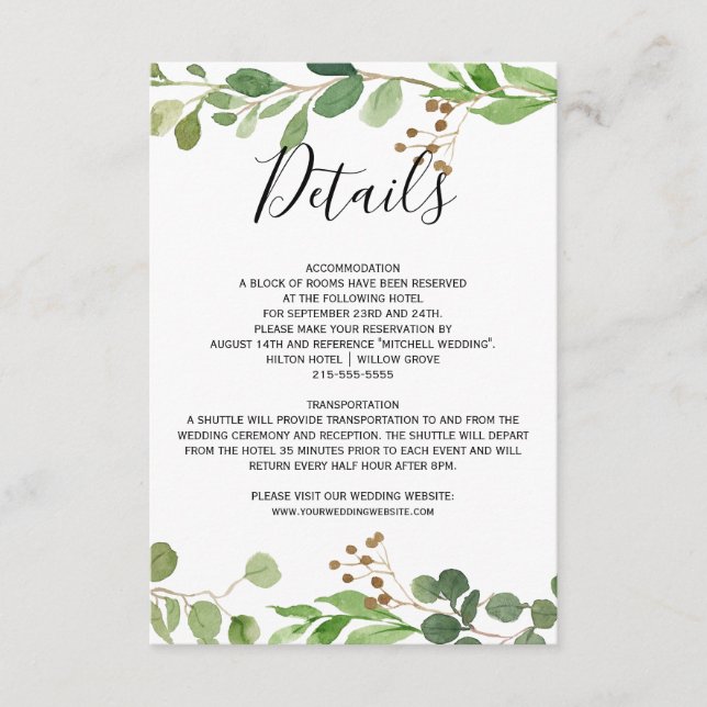 Sommerwiese Blätter Wasserfarbe Hochzeitdetails Begleitkarte (Vorderseite)