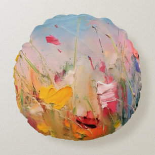 Sommerwiese – Expressive abstrakte Wildblumen Rundes Kissen