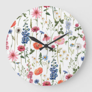 Sommerwildblumen, nahtloses Wasserfarbmuster. Große Wanduhr