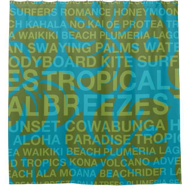 Sommerwörter Tropical und Monstera Leaf Duschvorhang (Vorderseite)