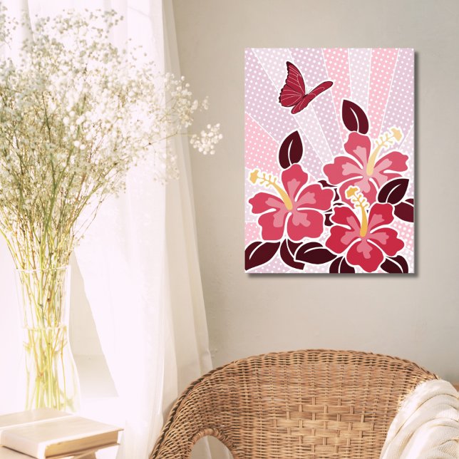 Sommerzeit Blühender rosafarbener Hibiskus und Sch Poster (Summertime Blooming Pink Hibiscus & Butterfly )