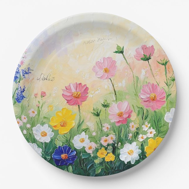 Sommerzeit. Farbige Blumen. Kunst.  Pappteller (Vorderseite)