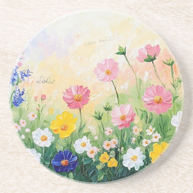 Sommerzeit. Farbige Blumen. Kunst. Sandstein Getränkeuntersetzer (Vorne)