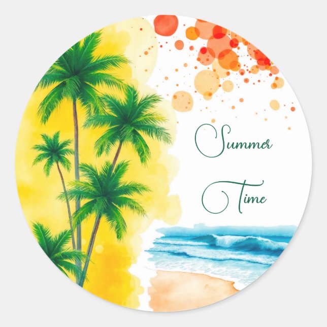 „Sommerzeit“-Stranddesign Rund Uhr Runder Aufkleber (Vorderseite)