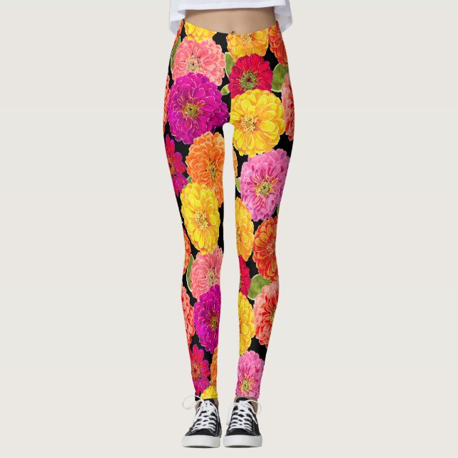 Sommerzinnias-Rosa-Gelb-Blumenmuster Leggings (Vorderseite)
