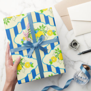 Sommrige blaue Streifen und Zitronen und Blätter M Geschenkpapier