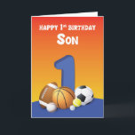 Son 1 Birthday Sportballs Karte<br><div class="desc">Wenn er bald seinen 1. Geburtstag feiert,  kann man seinen Sohn mit dieser farbenfrohen Sportballkarte überraschen,  die eine große Nummer eins auf der Vorderseite hat,  wenn man ihm einen glücklichen 1. Geburtstag begrüßt.</div>