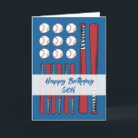 Son Baseball Flag Birthday Red White Blue Karte<br><div class="desc">Feiern Sie Ihren phantastischen älteren oder erwachsenen Sohn mit dieser kühnen Geburtstagskarte zum Thema Baseball, die den All-Star-Stil mit einem Hauch von Americana verbindet. Die Karte mit roten Baseballschlägern und weißen Baseballs, die auf blauem Holzkornboden angeordnet sind, verleiht der amerikanischen Flagge eine subtile Note. Ein sportlich weißes Banner unterstreicht die...</div>