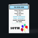 Son Birthday Balloons Cupcakes NAME Karte<br><div class="desc">Happy Birthday SON ist in schwarz und himmelblau Typografie geschrieben. Geben Sie den Namen 10. Geburtstag oder jedes Alter ein (entfernen Sie, um leer verlassen, wenn die Adresse an VATER, UNCLE, GRANDVATER). Personalisieren Sie den Sohn, oder unseren Enkel, Godson, etc. Innen links hat die Formulierung, Sie sind so besonders mit...</div>