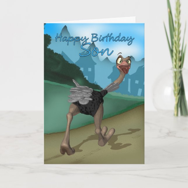Son Birthday Card - Cartoon Ostrich - Digitales Sc Karte (Vorderseite)