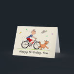 Son Birthday Cartoon eines jungen Reitstalls Karte<br><div class="desc">Das ist eine amüsante Karte für jemanden, der seinen Sohn zum Geburtstag schenken kann. Es ist eine Cartoon-Karikatur eines Jungen auf seinem Fahrrad, der hinter einem lächelnden braunen Hund herumspielt, umgeben von Schmetterlingen und einem Vogel. Der junge Junge trägt rote Hosen und Socken, ein blaues bis Shirt und weiße Trainer....</div>
