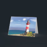 Son Birthday Coastal Lighthouse Karte<br><div class="desc">Feiern Sie den Geburtstag Ihres Sohnes mit dieser charmanten,  an der Küste thematischen Grußkarte. Freuen Sie sich auf eine ruhige Strandlandschaft mit glitzerndem Wasser,  felsigen Ufern und einem lebhaften rot-weißen Leuchtturm. Lass ihm,  dass sein Licht hell leuchtet!</div>