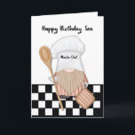 Son Birthday Whimsical Gnome Koch Cooking Karte<br><div class="desc">Ein lustiger gnomischer Koch trägt einen Kochhut und hält einen Holzlöffel und einen Topfhalter. Er ist auf einem Vintag aussehenden schwarz-weißen Küchenboden stehend. Perfekte Geburtstagskarte,  um Ihrem kochenden Sohn ein bisschen Spaß zu machen!</div>
