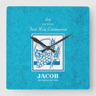 Son, First Communion, Wheat, Grapes Blue Quadratische Wanduhr