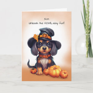 Son Halloween Niedlicher Schwarzer Hund trägt Hut Karte