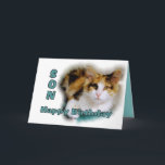 Son Happy Birthday Calico Cat Card Karte<br><div class="desc">Sie können den Text personalisieren und ändern und Ihre eigenen Fotos hochladen. "Lieber Sohn,  wünsche dir einen makellosen,  halbwüchsigen Geburtstag!"</div>