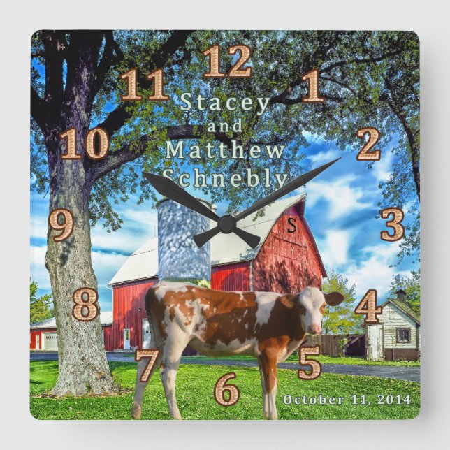 Sonderauftrag Guernsey und Bauernhof-Kuh-Uhr Quadratische Wanduhr (Vorderseite)
