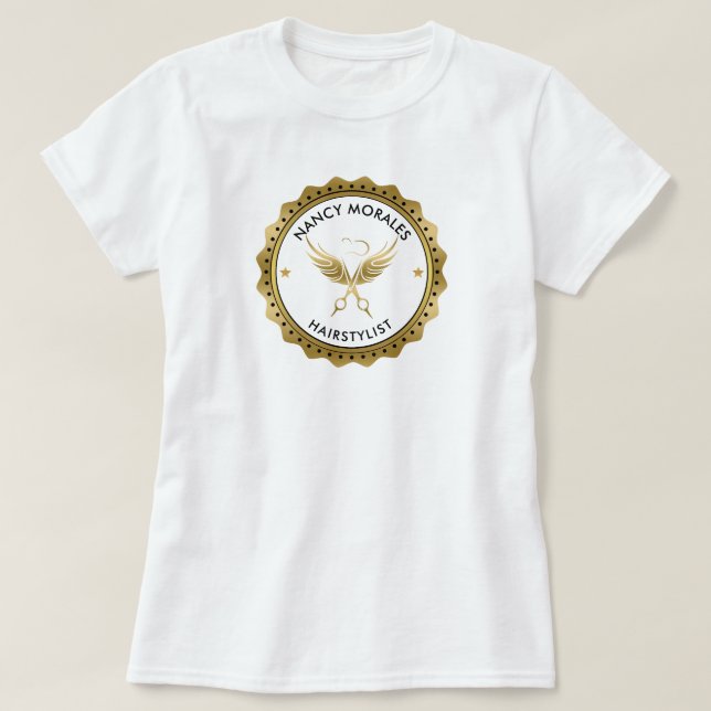 Sonderformate für Gold-Scheren-Haarstylist-Logo T-Shirt (Design vorne)