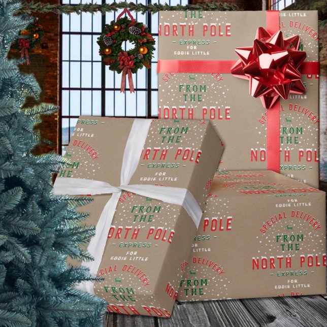 Sonderlieferung aus Nordpol Addition Kraft Geschenkpapier (Special Delivery From North Pole Add Name Kraft Christmas Holiday Gift Wrapping Paper Rolls)