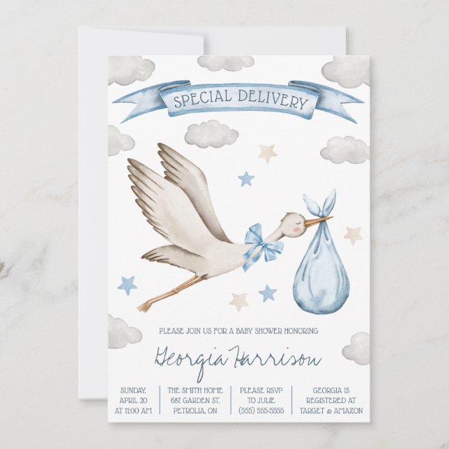 Sonderlieferung! Baby Boy Blue Stork Baby Dusche Einladung (Vorderseite)