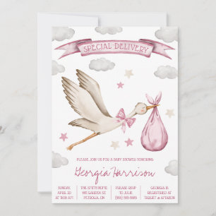 Sonderlieferung! Baby Girl Pink Stork Baby Dusche Einladung