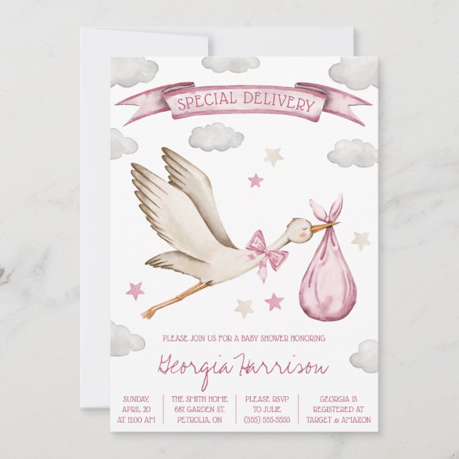 Sonderlieferung! Baby Girl Pink Stork Baby Dusche Einladung (Vorderseite)