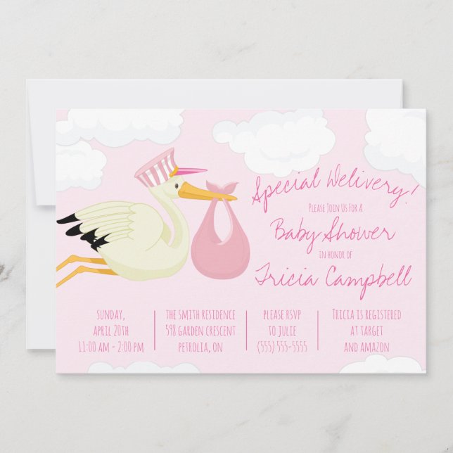 Sonderlieferung! Pink Stork Baby Dusche Einladung (Vorderseite)