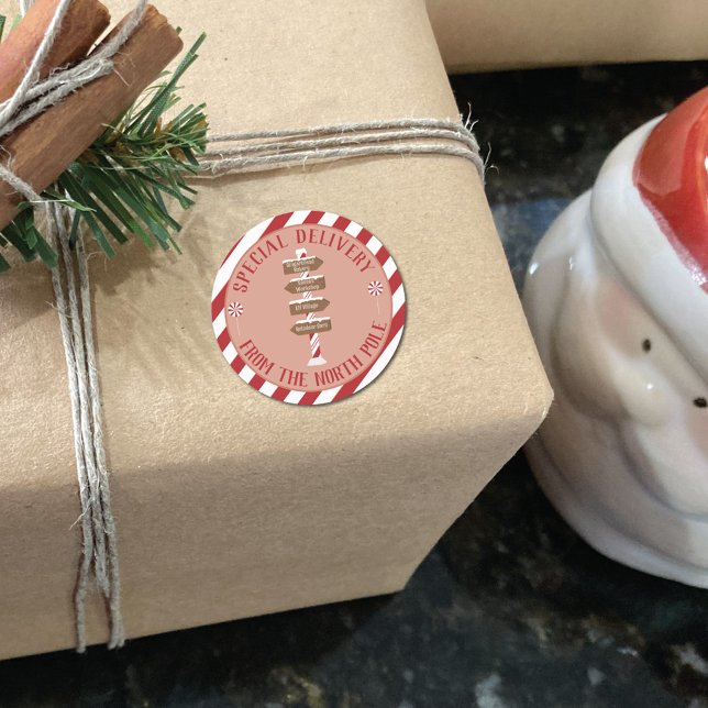 Sonderlieferung vom Nordpol in Rot und Weiß Runder Aufkleber (Von Creator hochgeladen)