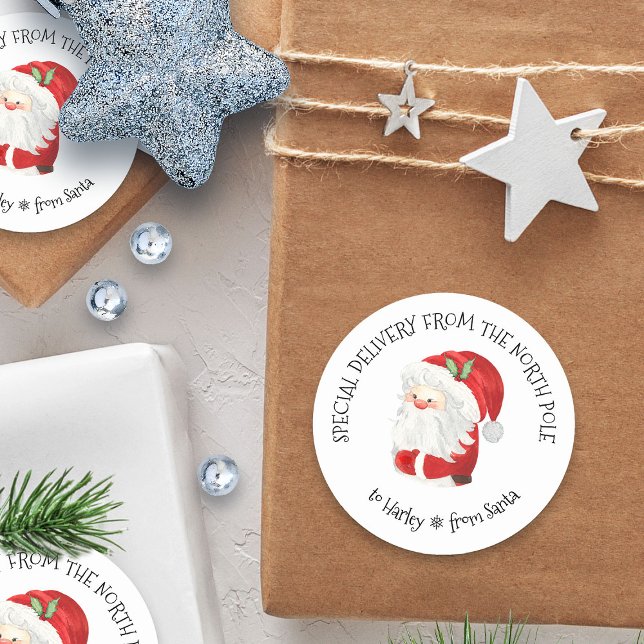 Sonderlieferung von Nordpol aus Santa Runder Aufkleber (Special delivery from the North Pole Santa Sticker - personalized with child's name)