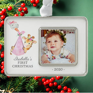 Sonderversand Giraffe Erstes Weihnachtsfest Foto Rahmen-Ornament Silber