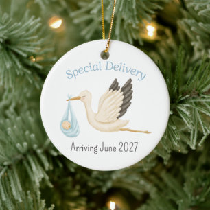 Sonderzustellung Storch Baby Jungen Ankündigung Keramik Ornament