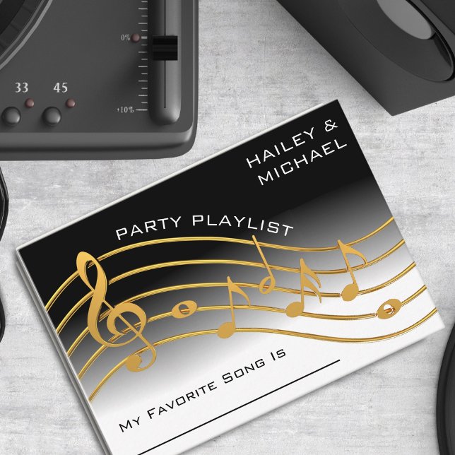 Song-Anfrage für Black & Gold Musiknote Begleitkarte (black and white ombre party / wedding song request card with gold music scale)