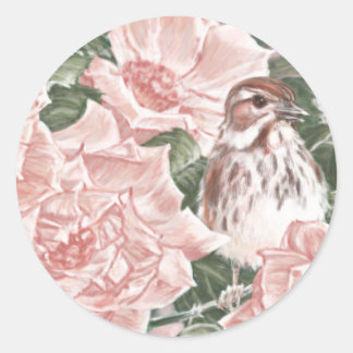 Song Sparrow und Roses Blume Malerei Runder Aufkleber