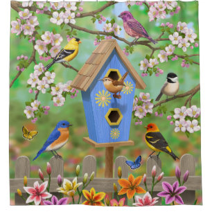 Songbirds Lily Garden Birdhouse Duschvorhang