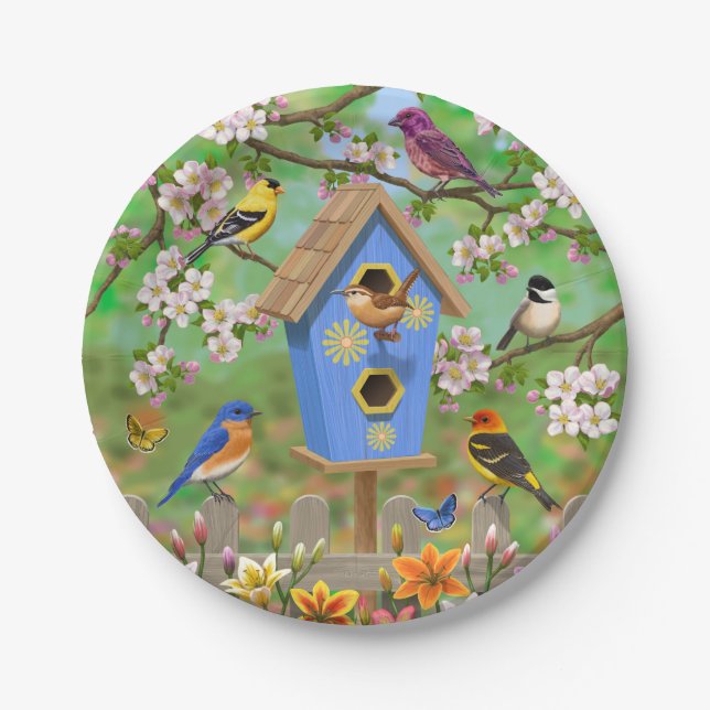 Songbirds Lily Garden Birdhouse Pappteller (Vorderseite)