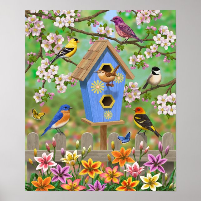 Songbirds Lily Garden Birdhouse Poster (Vorne)