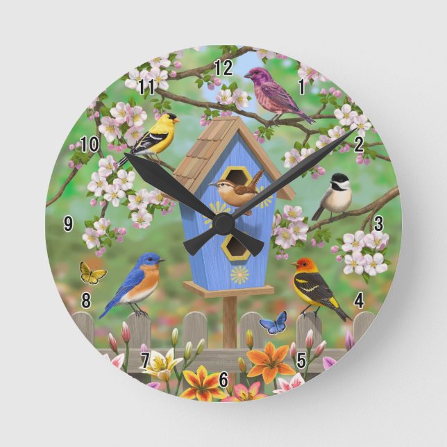 Songbirds Lily Garden Birdhouse Runde Wanduhr (Vorderseite)