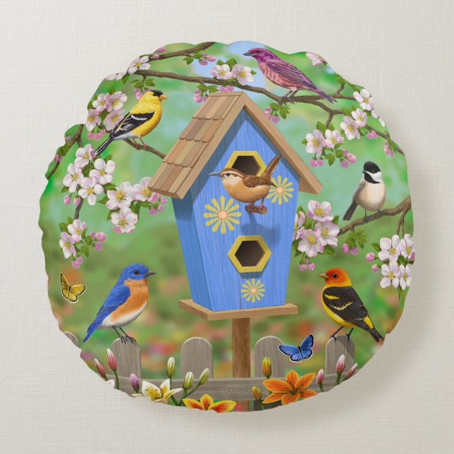 Songbirds Lily Garden Birdhouse Rundes Kissen (Vorderseite)